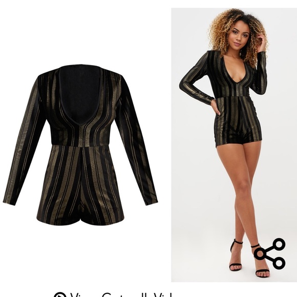 Pretty Little Thing Velvet Stripe Plunge Playsuit - Picture 2 of 12